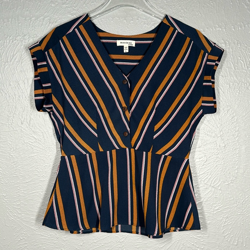 monteau Navy Blue Mustard Yellow Striped Button Up Blouse Women's Size L…